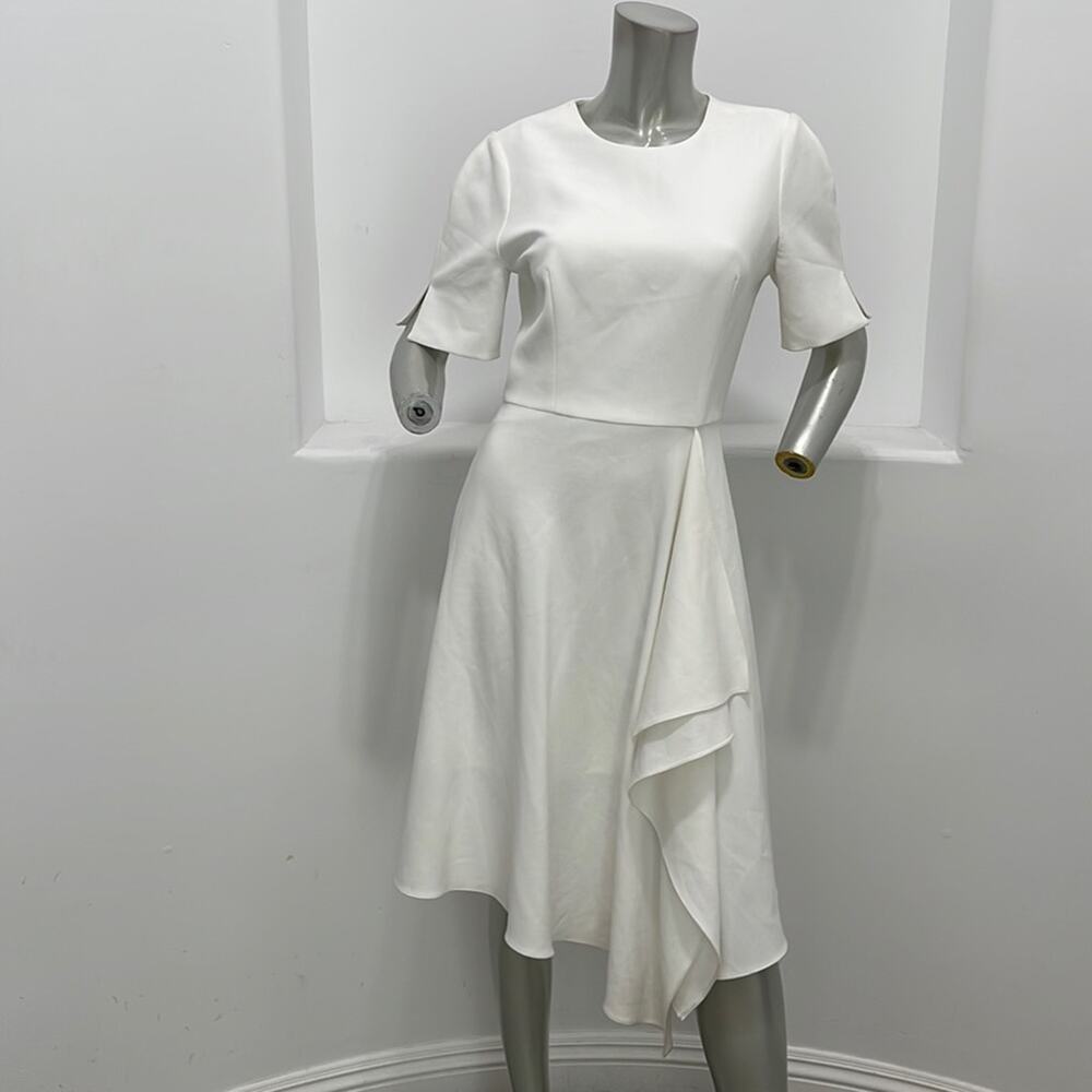 Black Halo Short Sleeves  Crepe Tailored Ruffle Midi Dress White Size 6 NWOT